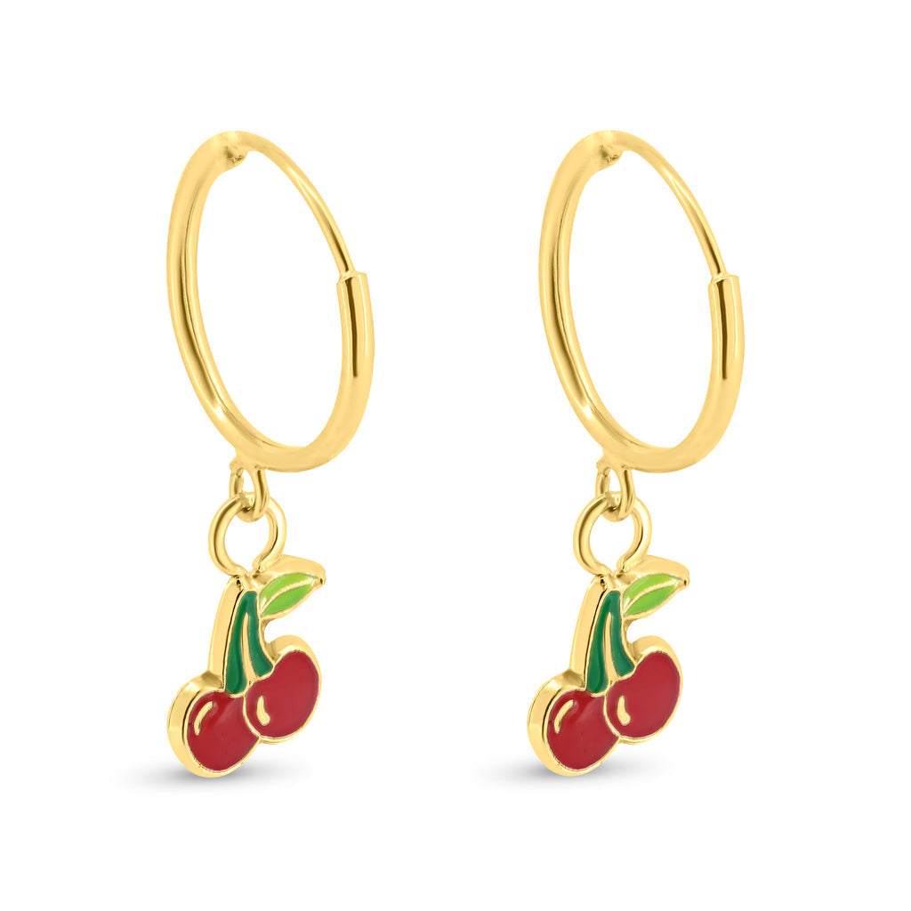 14KT Double Cherry Enamel Painted Huggie Hoop Earnings