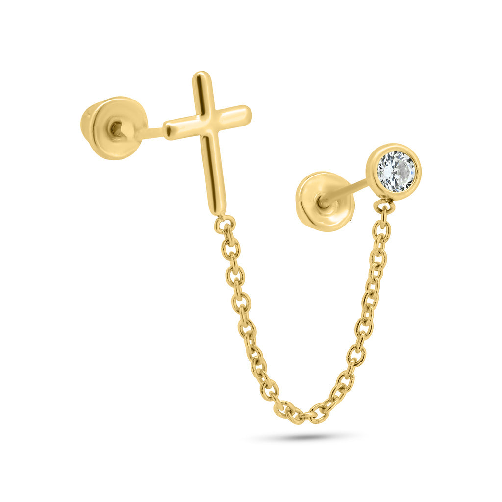 14KT Double Piercing Cross & Round Clear Cz Screw Back Earrings