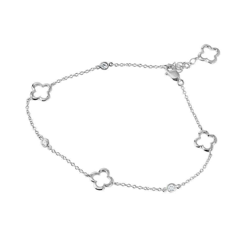 925 Rhodium Silver Plated Open Flower CZ Anklet