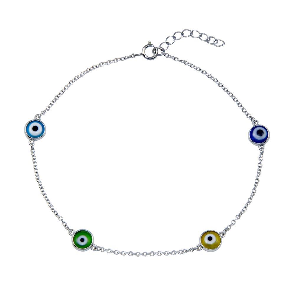 925 Rhodium Plated Silver Evil Eye Charm Anklet