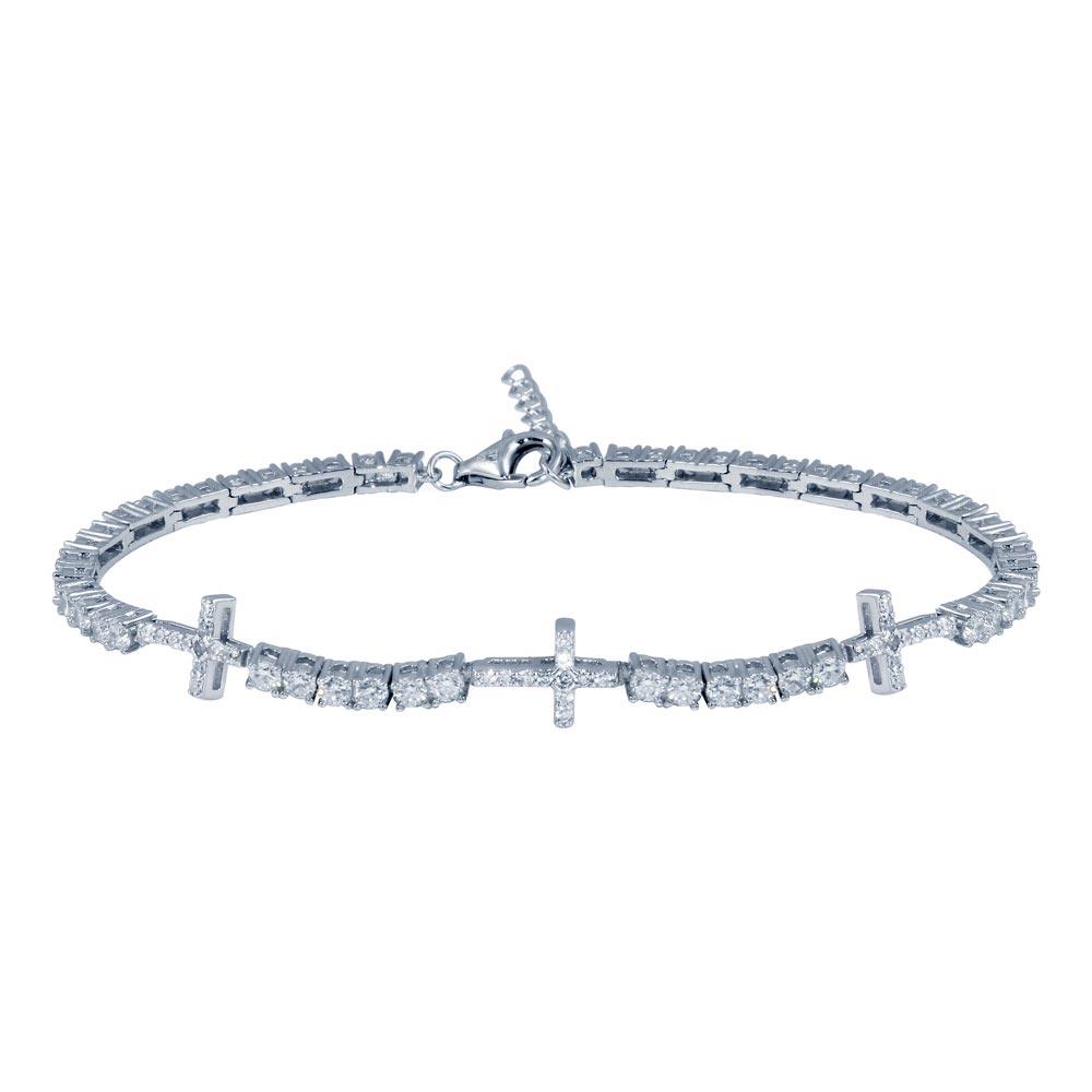 925 Rhodium Silver Cross CZ Tennis Bracelet 7.6mm