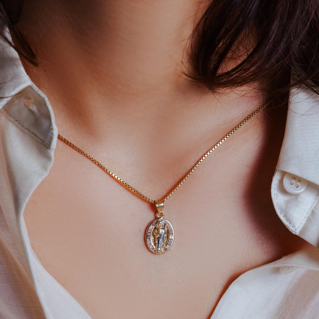14KT St. Jude Two Tone Oval CZ Pendant