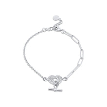 Load image into Gallery viewer, 925 Rhodium Paperclip CZ Heart Lock Bar Bracelet w/ Adjustable
