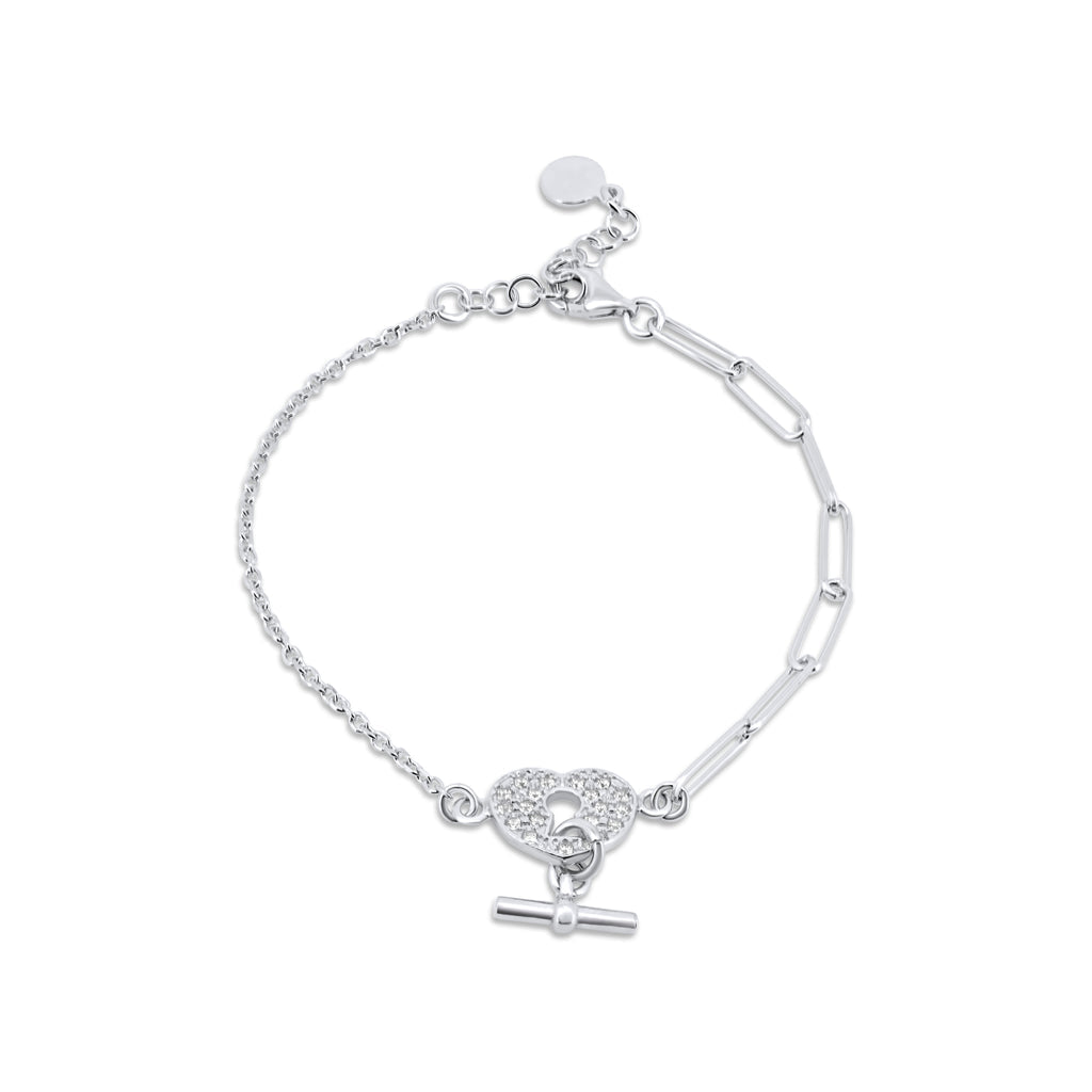 925 Rhodium Paperclip CZ Heart Lock Bar Bracelet w/ Adjustable
