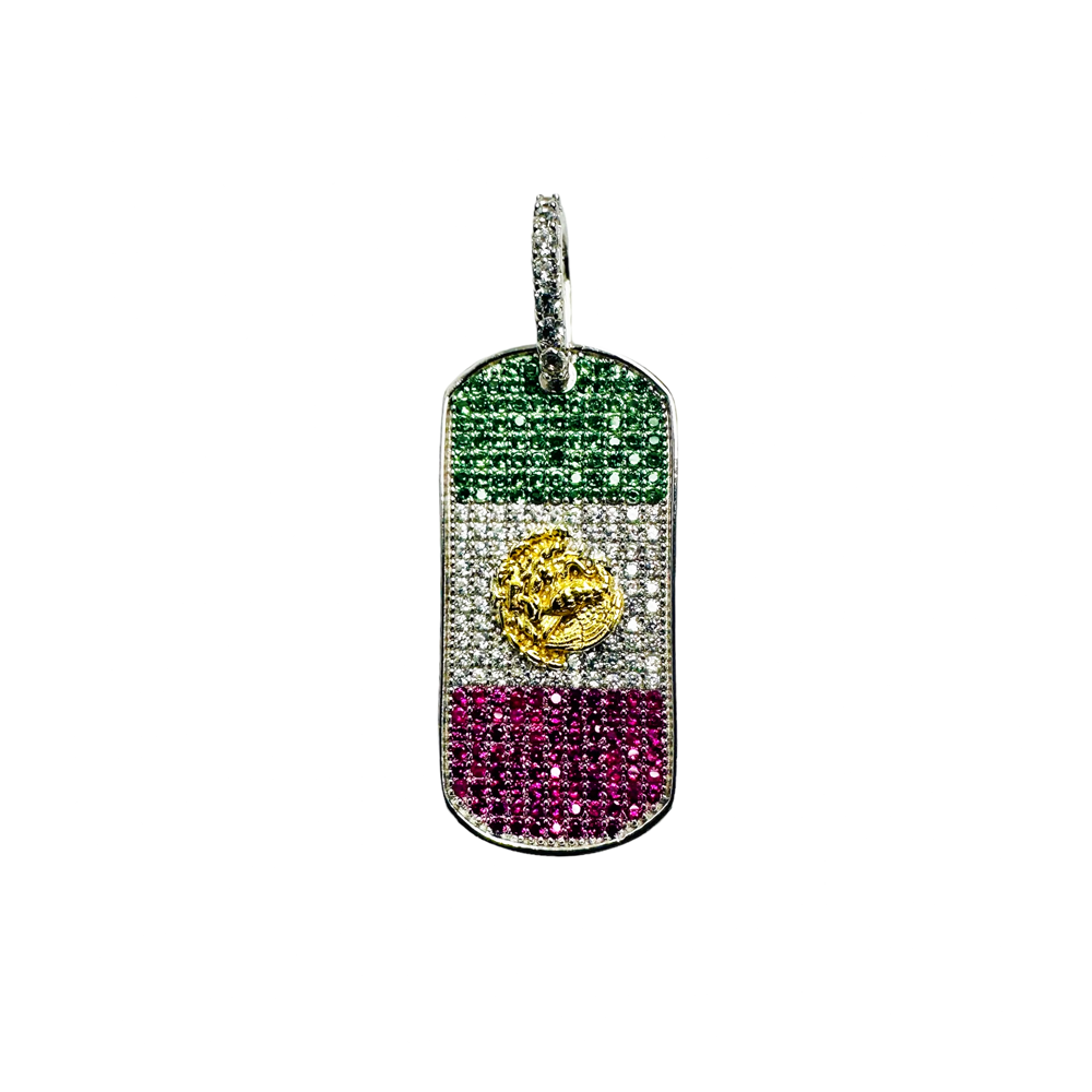 925 Rhodium Silver Oval Mexican Flag Multi-Color CZ Pendant