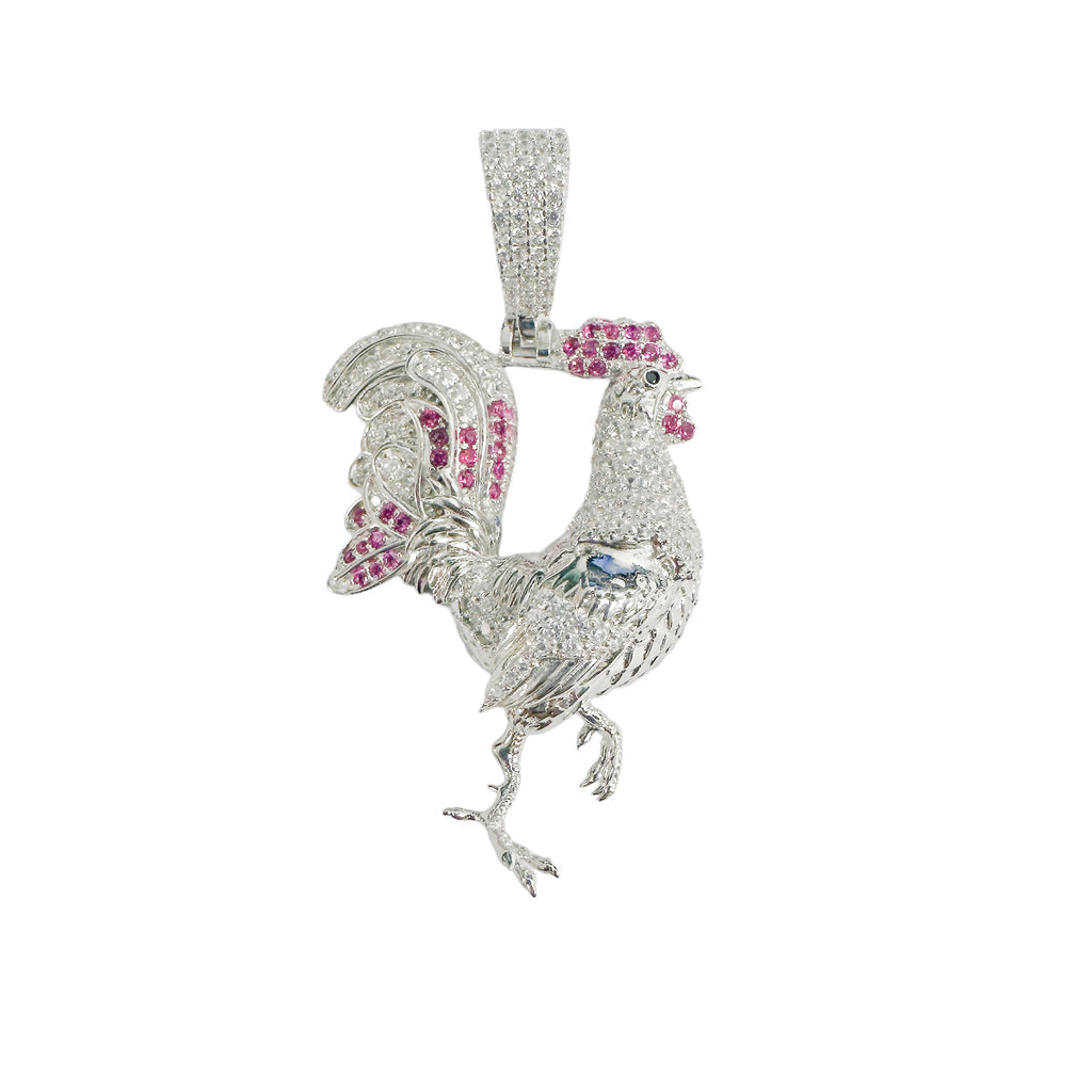 925 Rhodium Plated Walking Rooster Red & Clear CZ Pendant #1