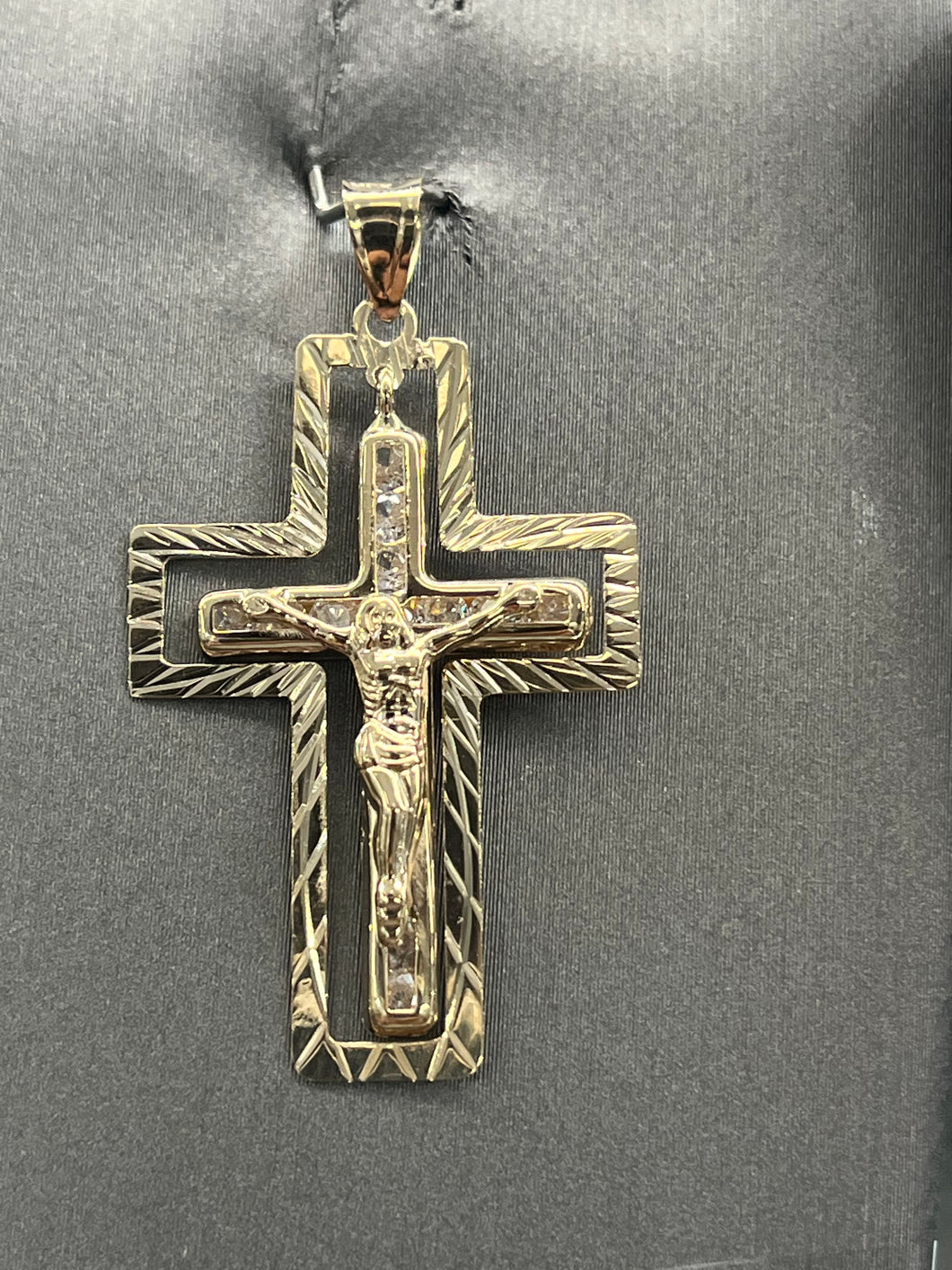 14KT Double Cross/Crucifix Cz Pendant #1
