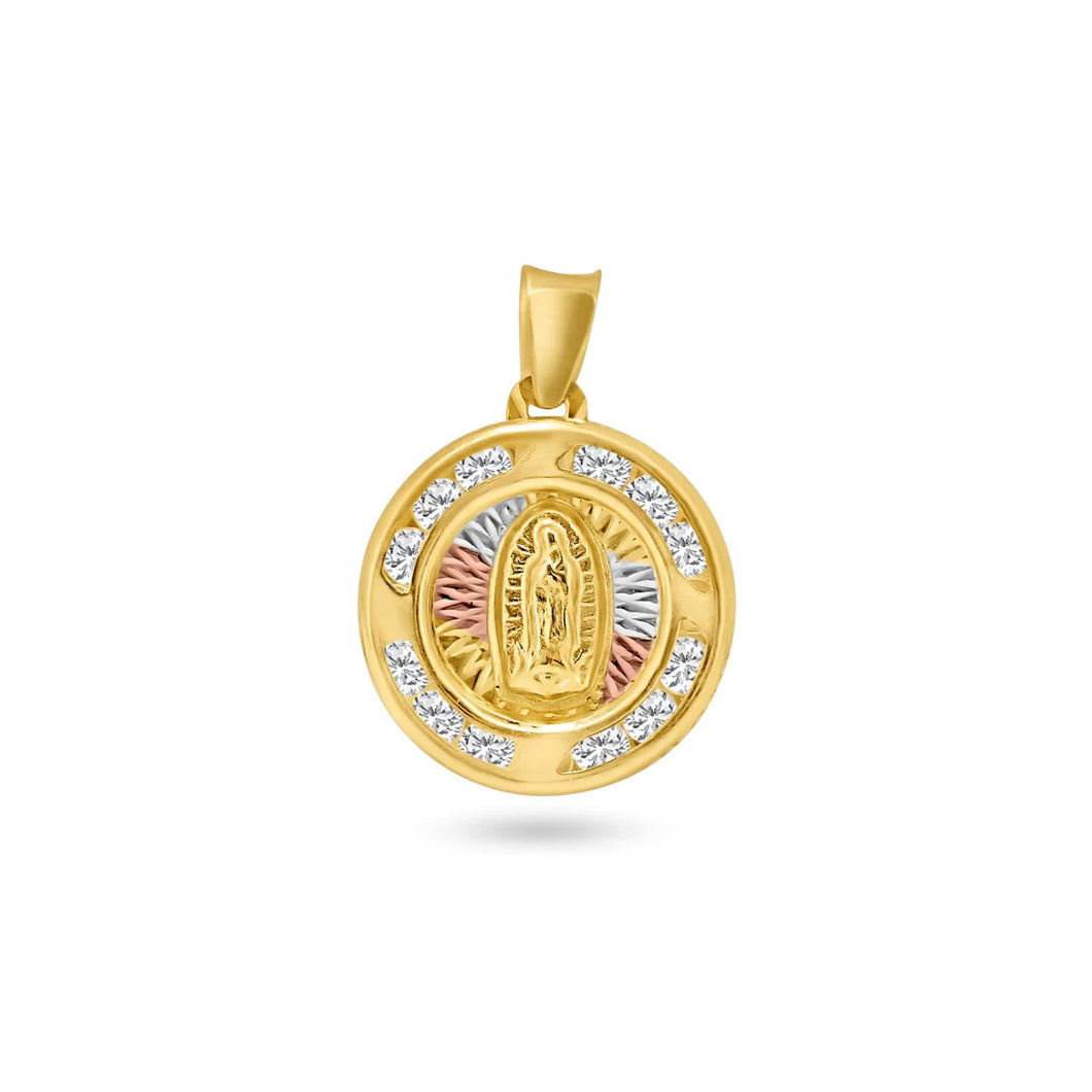 14KT 3-Tone Diamond Cut Lady Of Guadalupe (Virgin Mary) Circle Cz Pendant