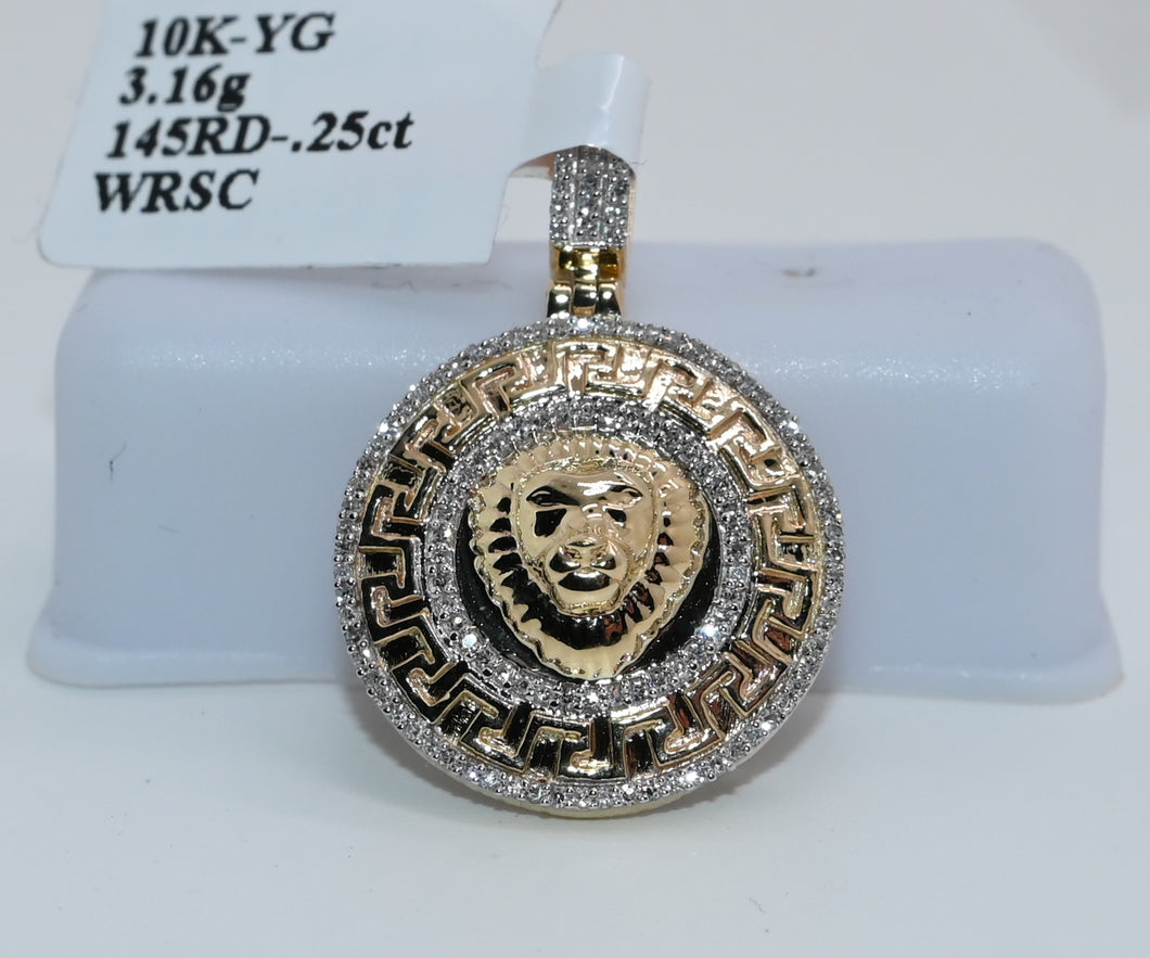 10KT Yellow Gold Diamond Lion Head Medallion Pendant .25ct G SI