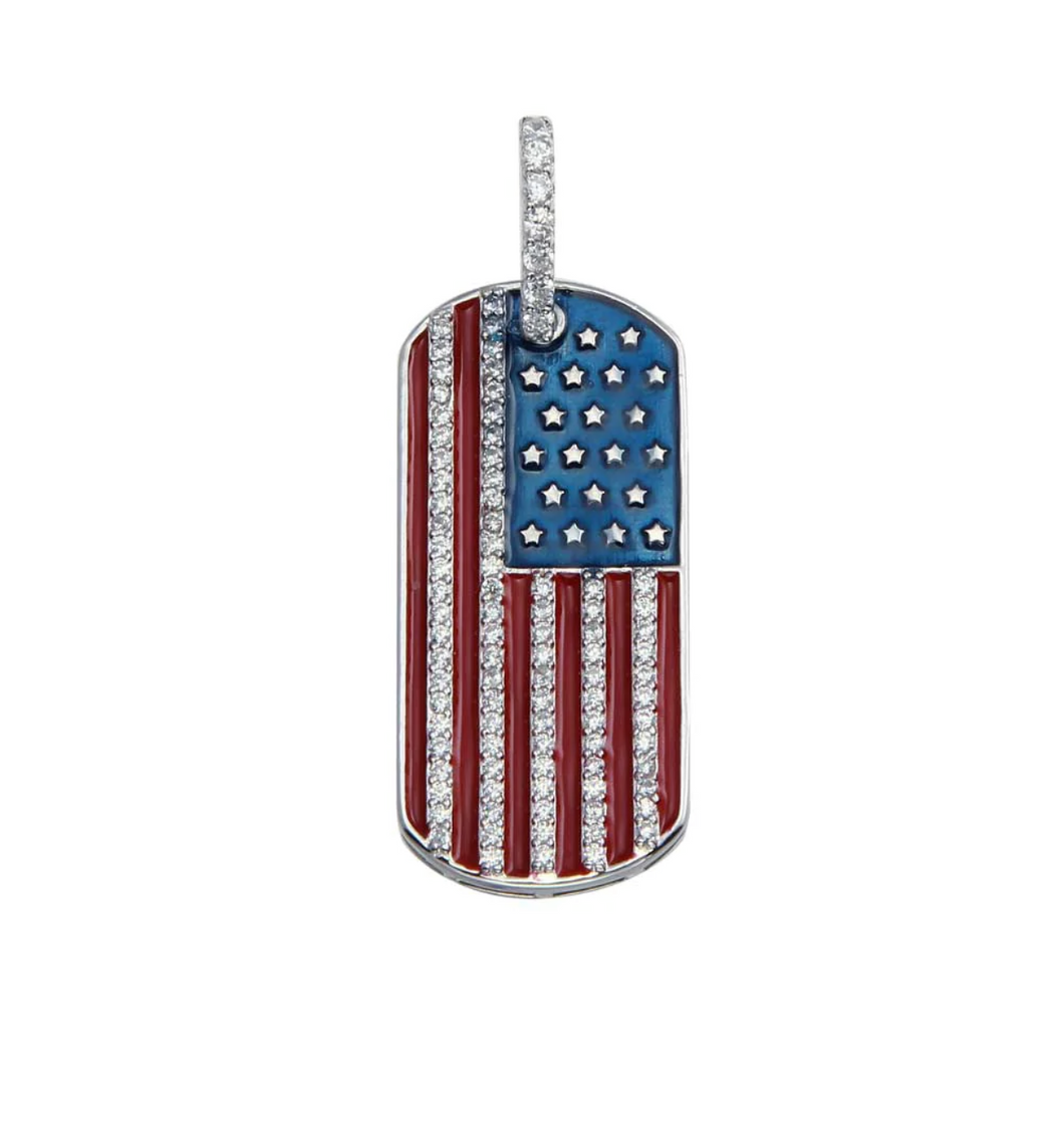 925 Rhodium Silver American Flag Dog Tag Pendant