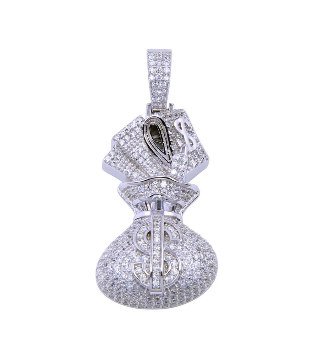 925 Silver Rhodium Plated Cz Bag of Cash Pendant