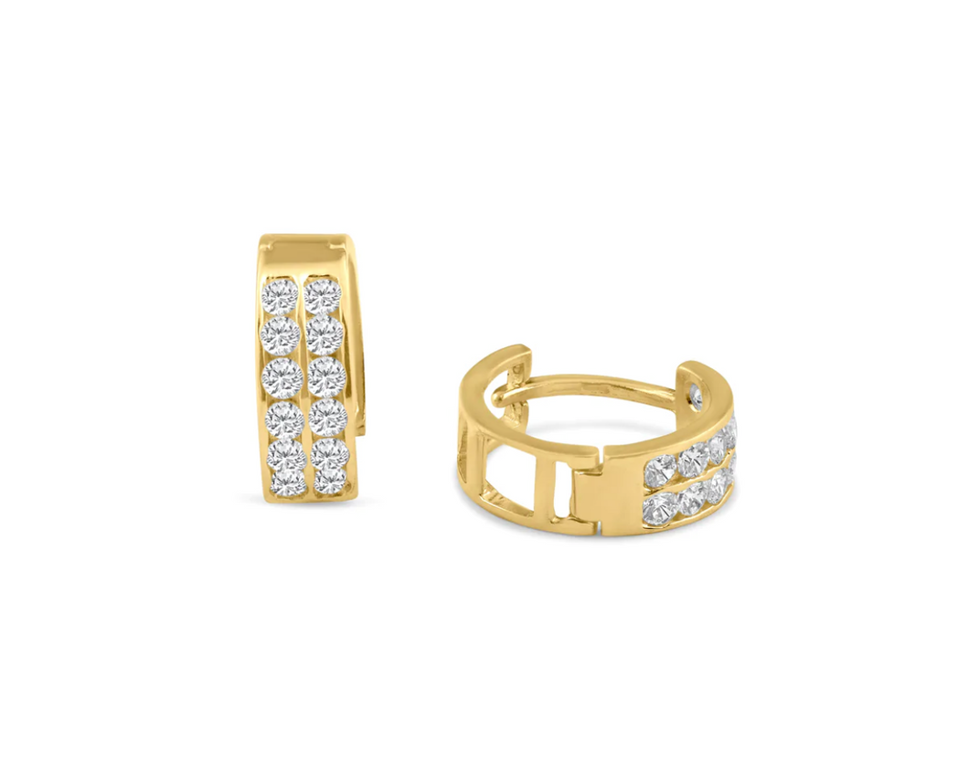 14KT Yellow Gold 2 Row Hoop Earrings W/ Cz Stones