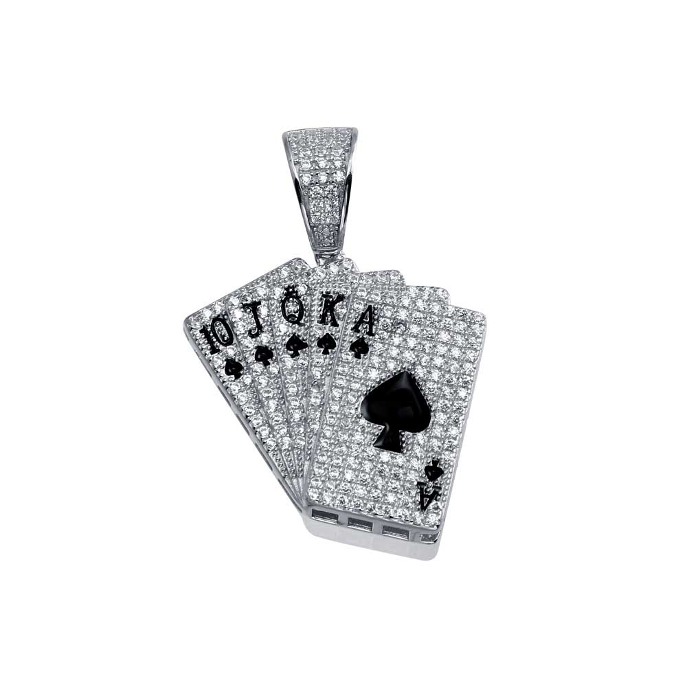 925 Silver Rhodium Plated CZ Royal Flush Pendant