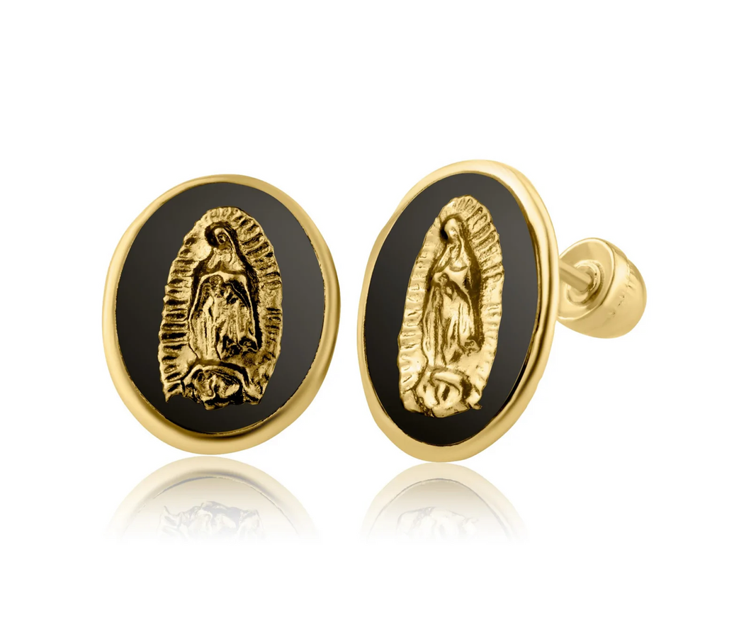 14KT Onyx Virgin Mary Screw Back Earring